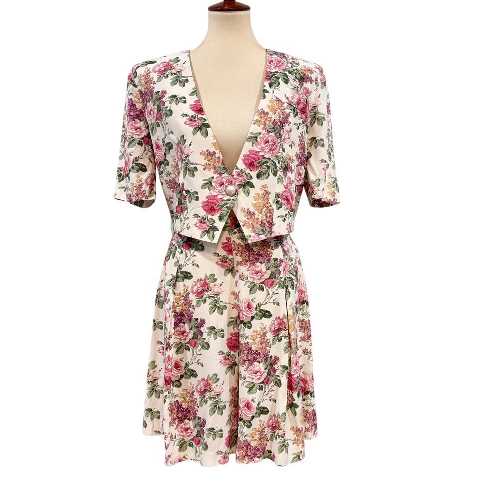 VTG 90s Floral 2 Piece Co-ord Set Skort Cropped Jacket Cottagecore Size 9/10